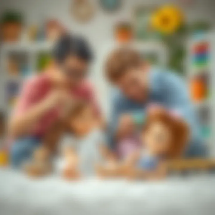 Parents engaging with their children during playtime with Clara dolls.