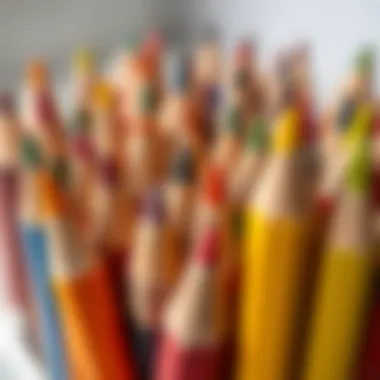 Close-up of various colored pencils showing texture