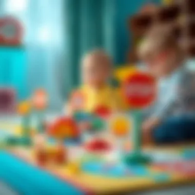 Children playing with toy traffic signs on a play mat