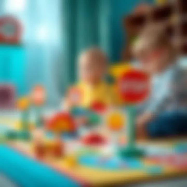 Children playing with toy traffic signs on a play mat