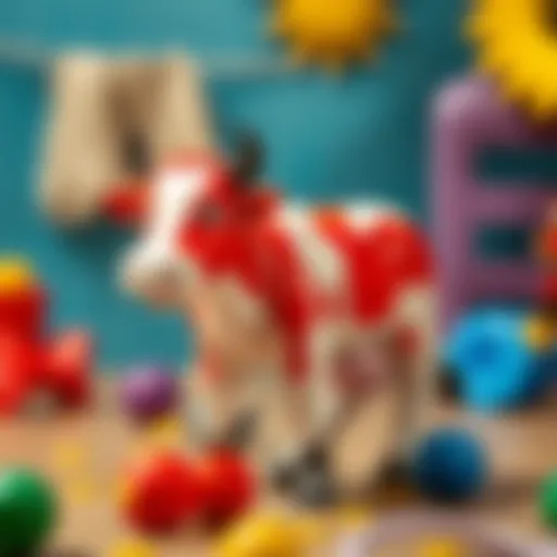 A colorful cow toy engaging children in play