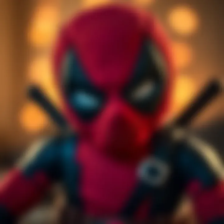 Close-up of a Deadpool plush toy highlighting its features