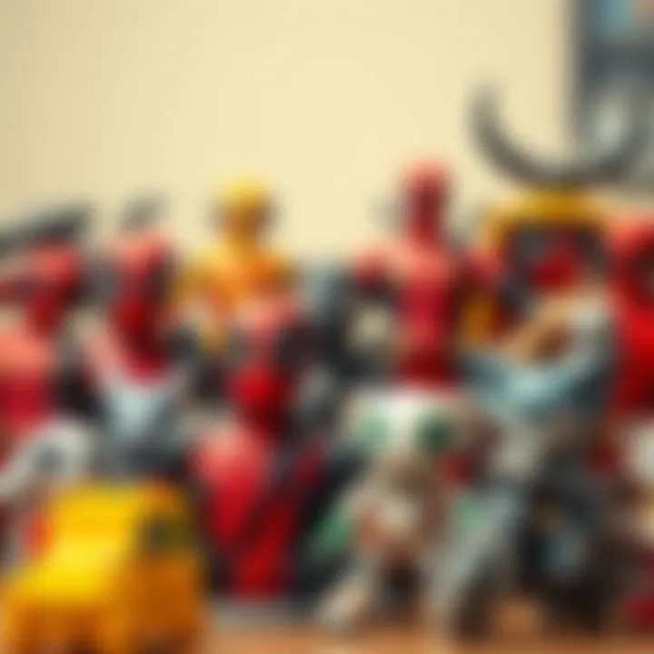 A variety of Deadpool-themed toys arranged creatively