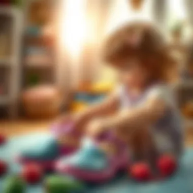 A child playing with mermaid shoes in a creative setting