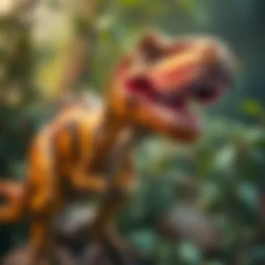 Artistic representation of T-Rex in popular culture, featuring toys and media