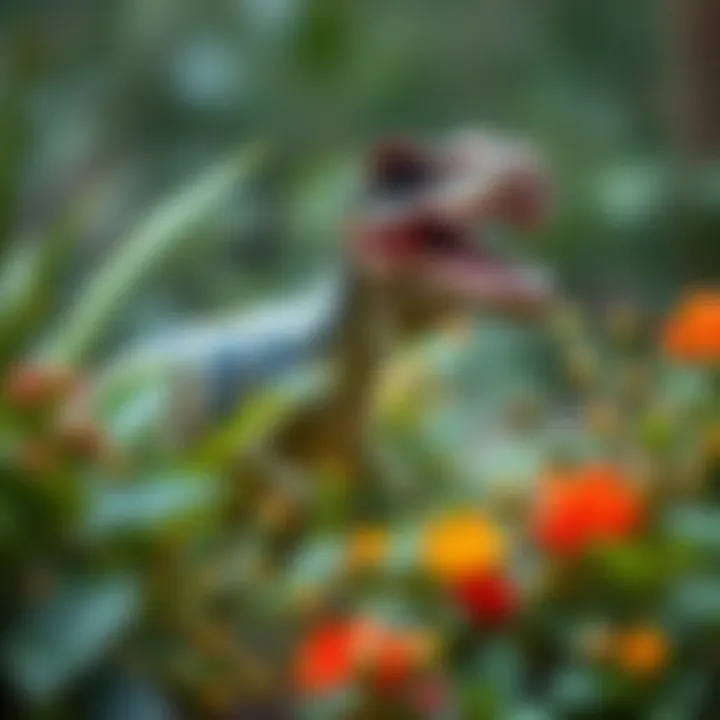 Illustration of T-Rex in its natural habitat, surrounded by prehistoric flora
