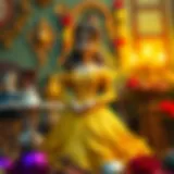 A detailed illustration of Belle in her iconic yellow dress, surrounded by enchanted objects