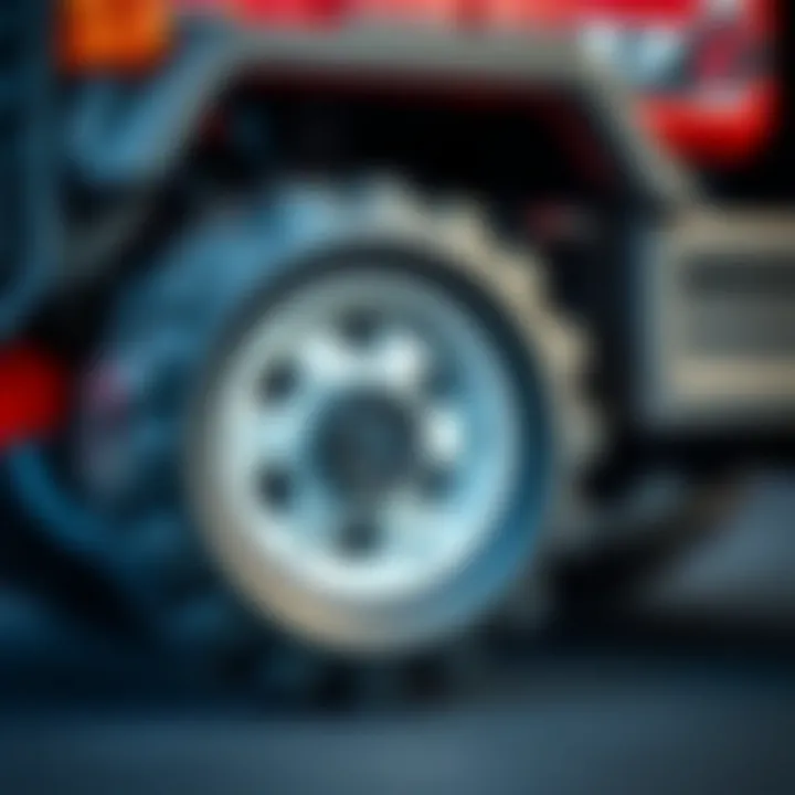 Close-up of the sturdy wheels of a toy truck, highlighting its durability for active play.