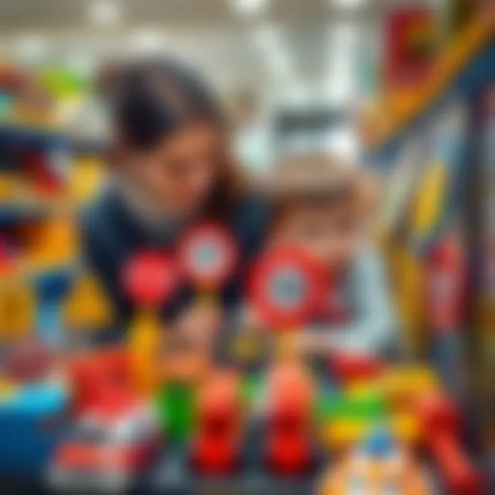A parent and child selecting traffic sign toys together