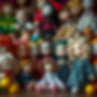 A collection of various handmade dolls displayed together.