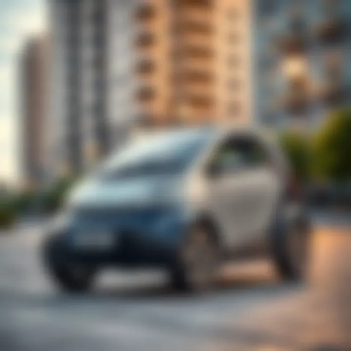 Compact Electric Car in Urban Environment Compact electric car in an urban landscape
