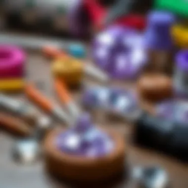 A close-up view of diamond painting tools and materials