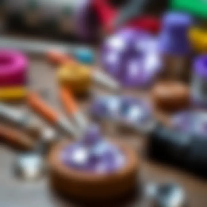 A close-up view of diamond painting tools and materials