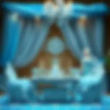 Elsa themed birthday table setup featuring blue and white decor