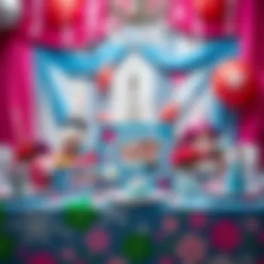 Vibrant Elsa Party Supply Arrangement Colorful table with themed party supplies and decorations