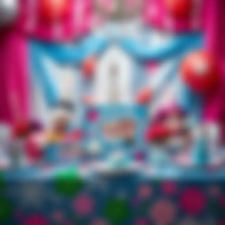 Vibrant Elsa Party Supply Arrangement Colorful table with themed party supplies and decorations