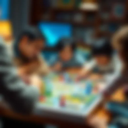 Interactive board game with family members engaging in play