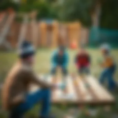 Outdoor setting with adults playing a team-building game