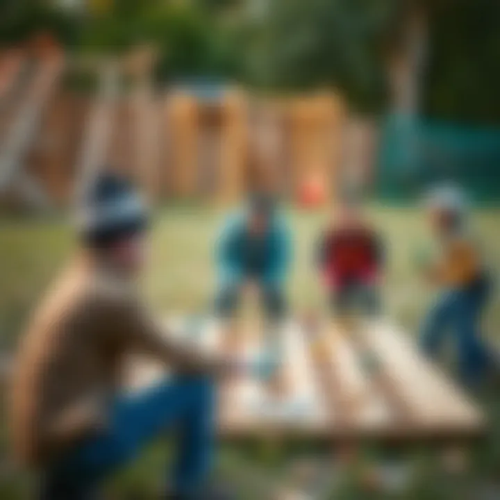 Outdoor setting with adults playing a team-building game