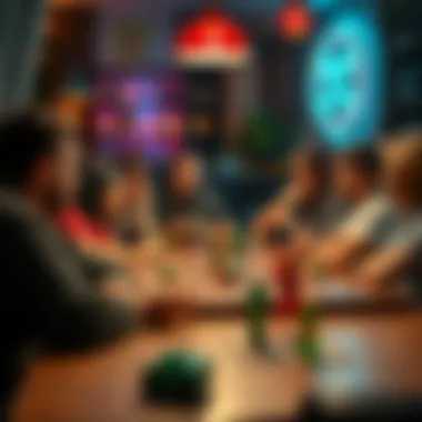 Group of adults gathered around a table enjoying a trivia game