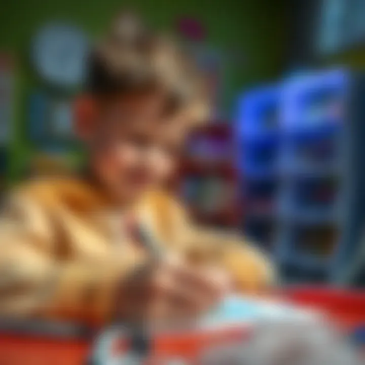 Child using a unique figure pen, engaged in creative drawing