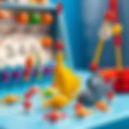 Colorful fishing game setup with various fish and rods