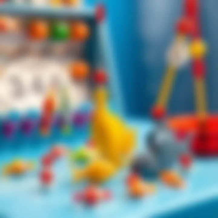 Colorful fishing game setup with various fish and rods