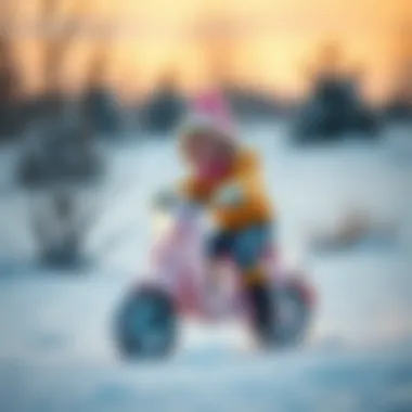 A child joyfully riding a frozen scooter in a snowy landscape