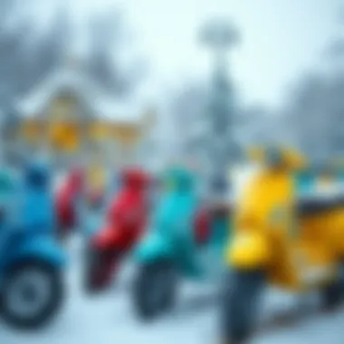 A colorful array of frozen scooters parked in a winter park