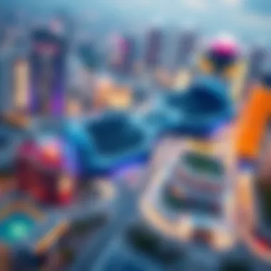 A futuristic hoverboard soaring above the ground with a vibrant cityscape in the background