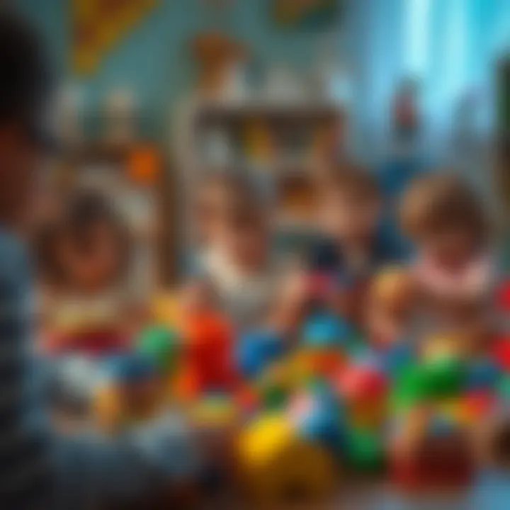 A group of children engaging in active play with various toys