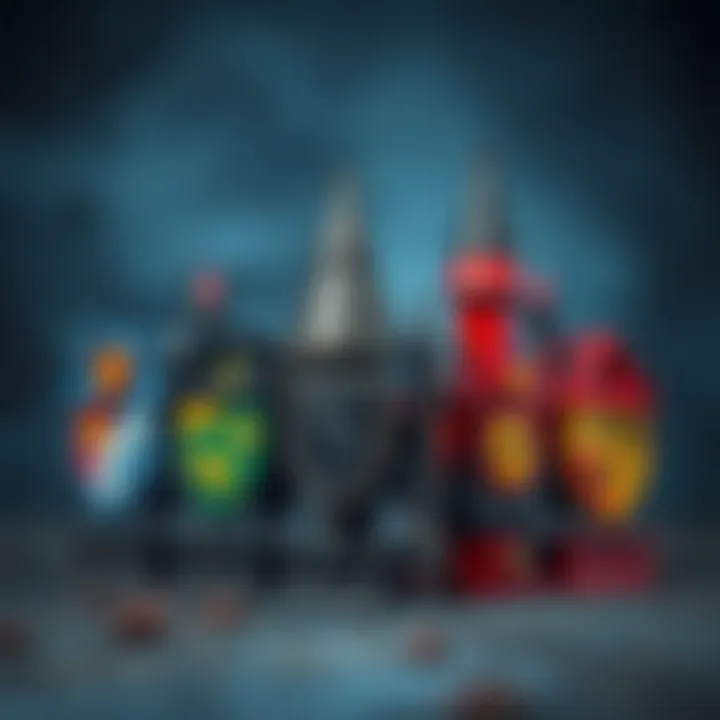 The four houses of Hogwarts represented by their unique crests and colors.