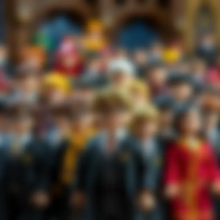 A close-up of students in robes, showcasing the diversity of characters and their house affiliations.