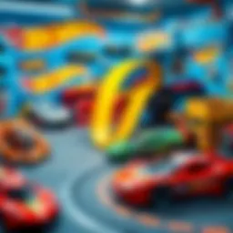 Colorful Hot Wheels garage with various tracks and cars