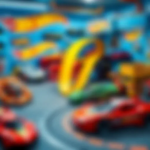 Colorful Hot Wheels garage with various tracks and cars
