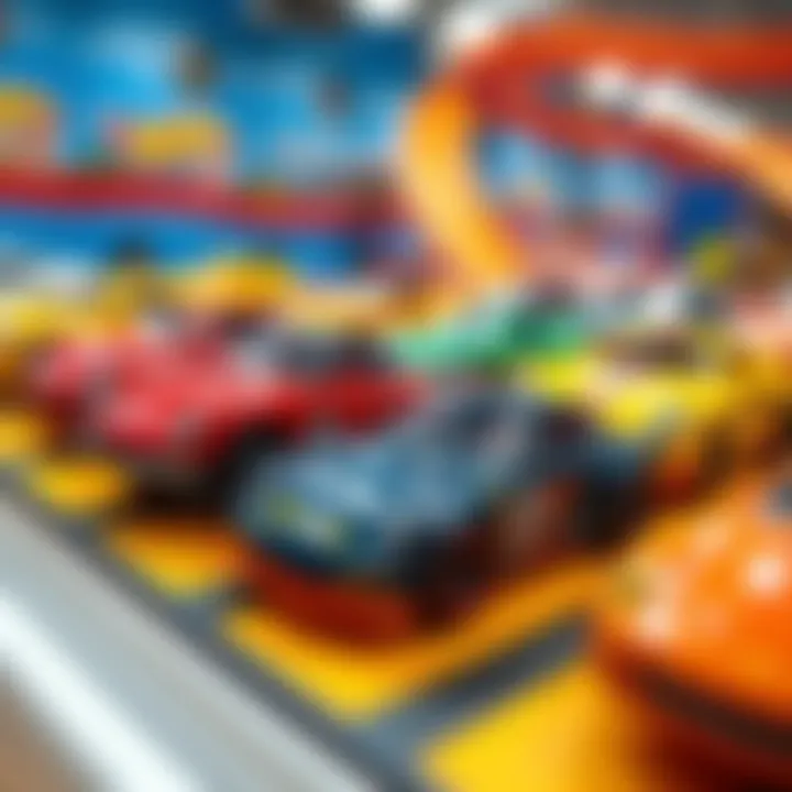 Close-up of Hot Wheels cars on a colorful track