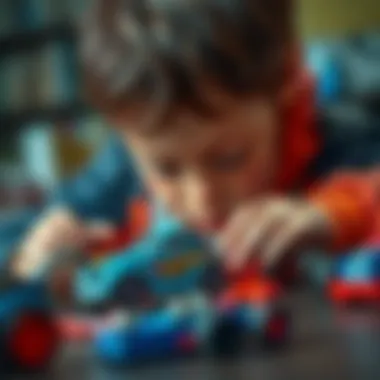 Imagination in Hot Wheels Customization A close-up of a child focused on customizing a Hot Wheels car, reflecting imagination and concentration