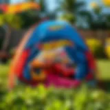 A colorful Hot Wheels tent set up in a backyard