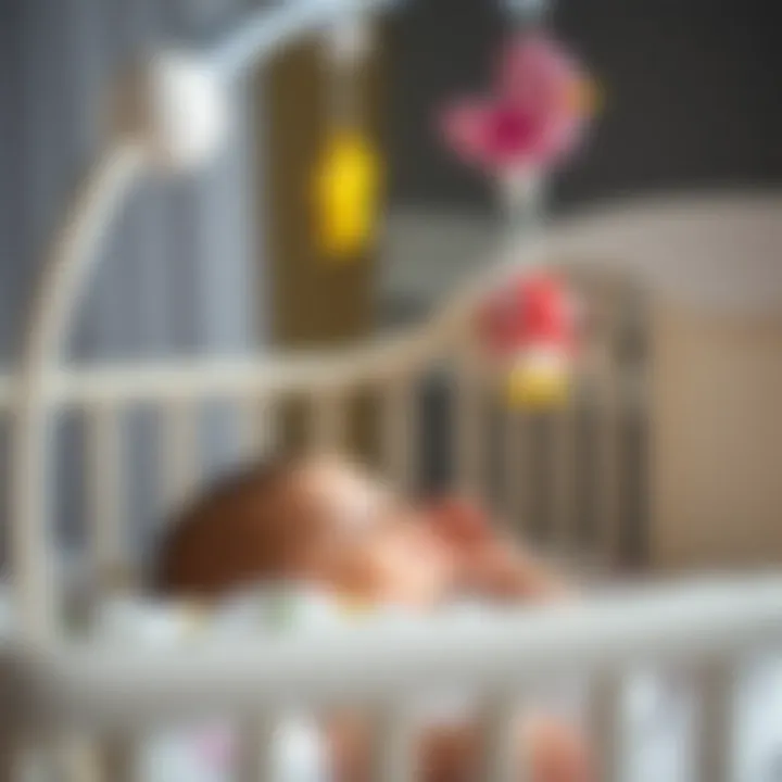Infant observing a musical mobile while lying in crib