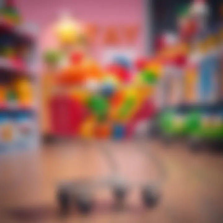 An interactive shopping cart filled with various toy items, promoting hands-on learning