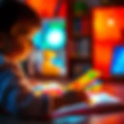 A child engaged with a colorful light-up book, showcasing interactive features.