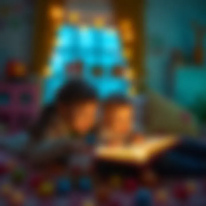 Parents reading with their child using a light-up book, fostering a shared learning experience.