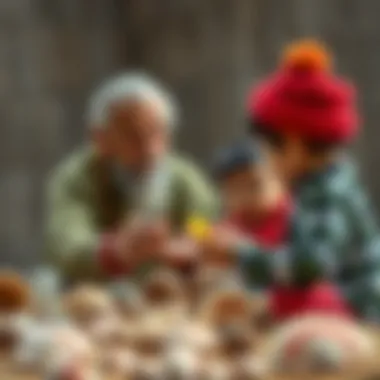 Guidance in Artistic Exploration Elder supervising children in a shell painting session