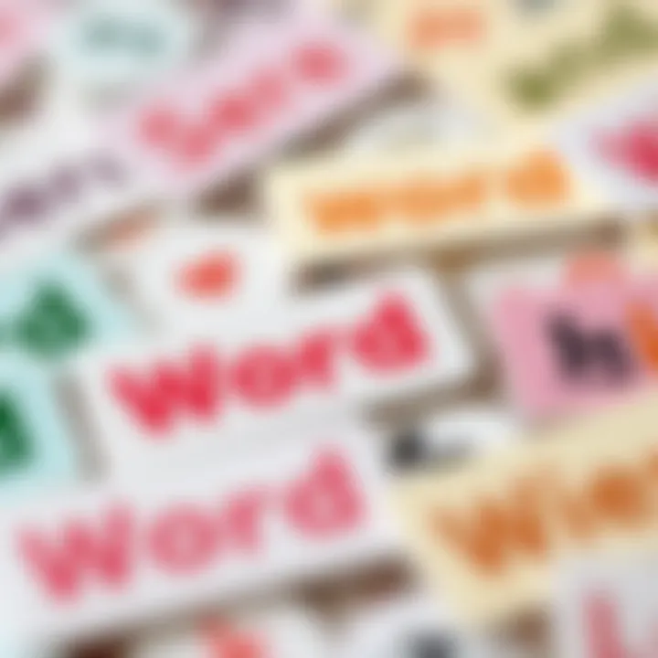 A close-up of colorful word cards used in a word game