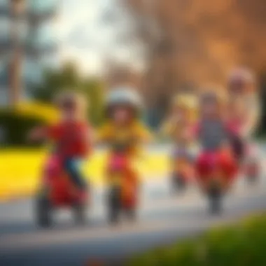Group of children learning to ride balance bikes