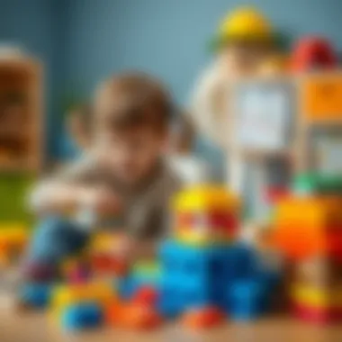 A boy and girl playing together with building blocks