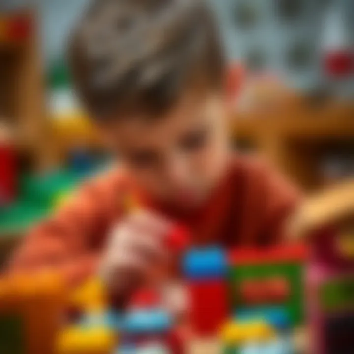 Child focused on a block creation with enthusiasm