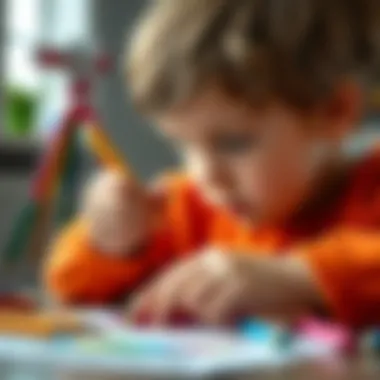 Child engaged in artistic expression with colored pencils