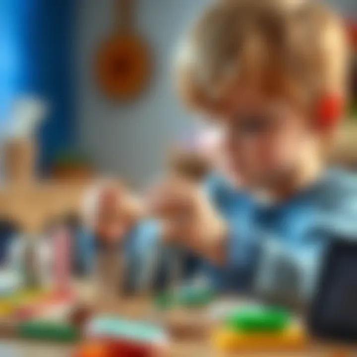 A child engaged in making a stick figure with various materials