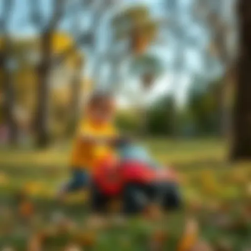 A child pushing a small car in a park